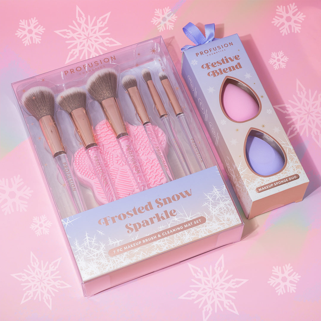 Frosted Snow Sparkle | 7 PC Makeup Brush & Cleaning Mat Set