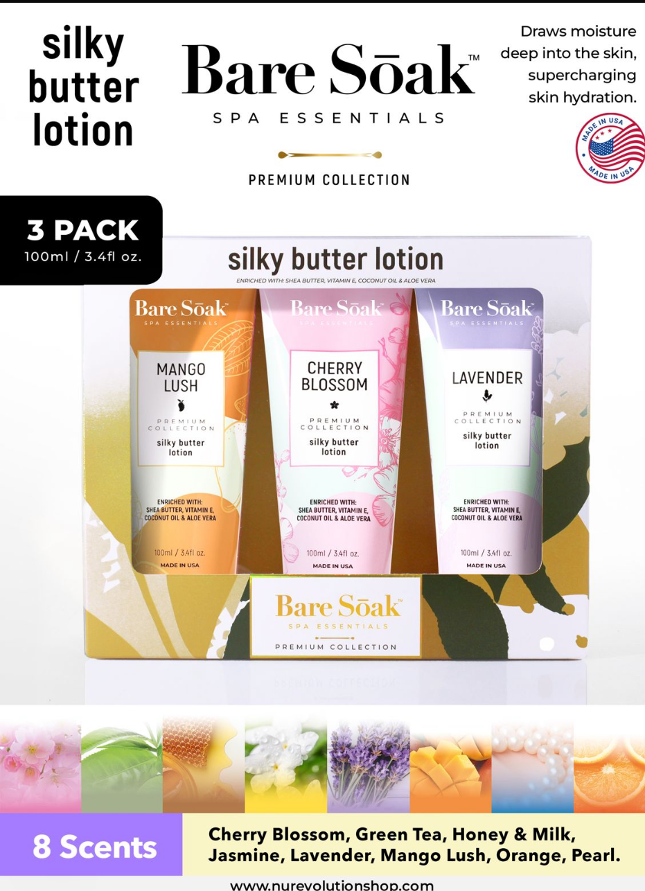 Bare Soak Silky Butter Lotion for Hands and Feet - Enriched with Shea Butter, Aloe, and Vitamin E - Moisturizing, Hydrating, Skin Care, Dry Skin Relief. 3 pack