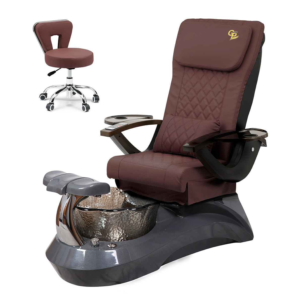 Falcon Pedicure Spa Chair Complete Set with Pedi Stool - Gray Base - Black Bowl - C01 Leather