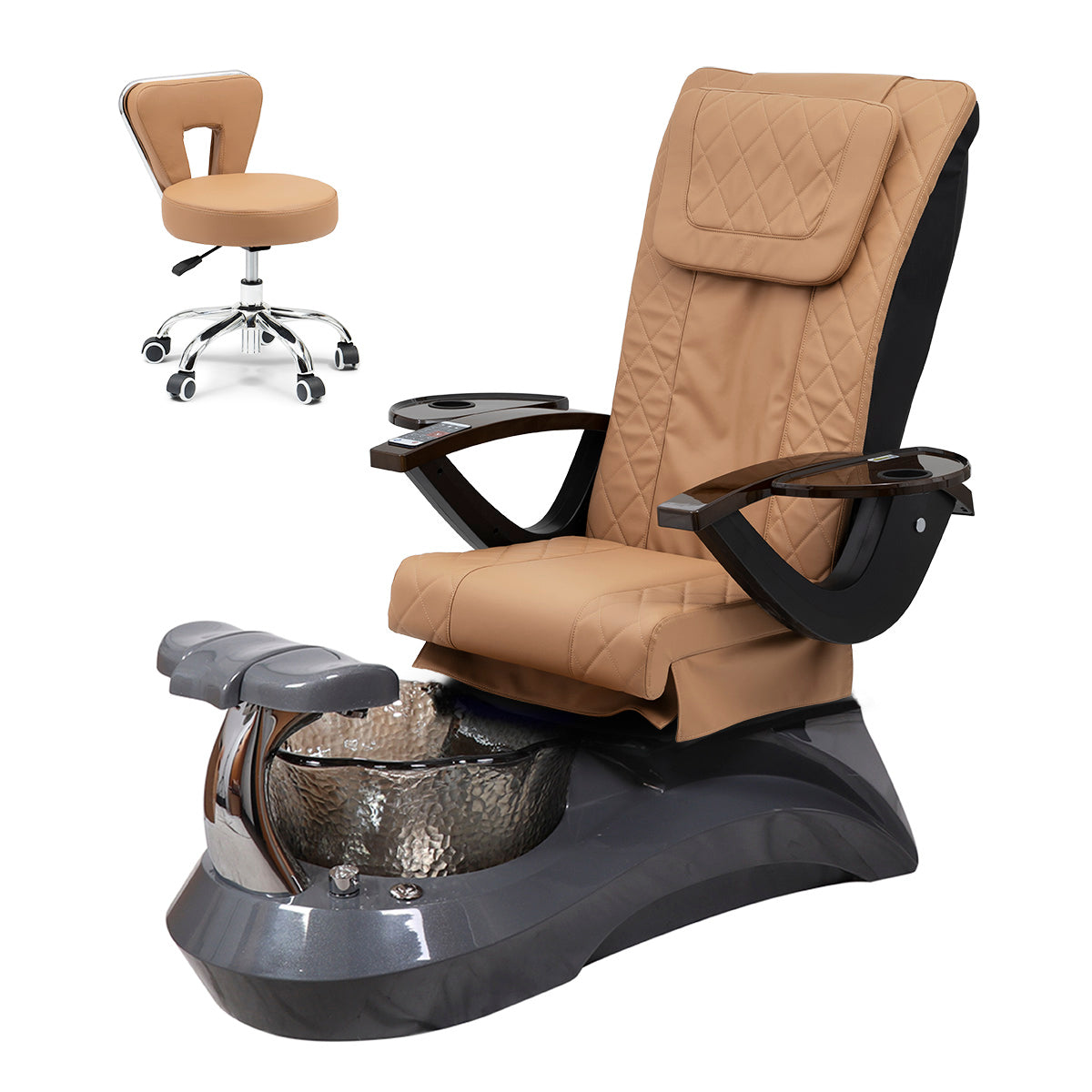 Falcon Pedicure Spa Chair Complete Set with Pedi Stool - Gray Base - Black Bowl - Diamond Leather