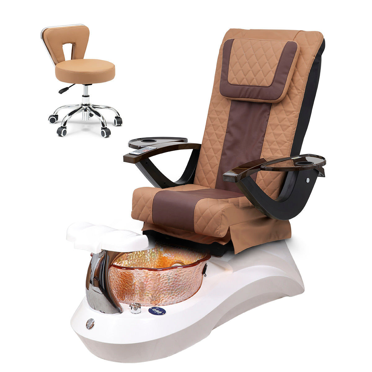 Falcon Pedicure Spa Chair Complete Set with Pedi Stool - White Base - Orange Bowl - Diamond Leather