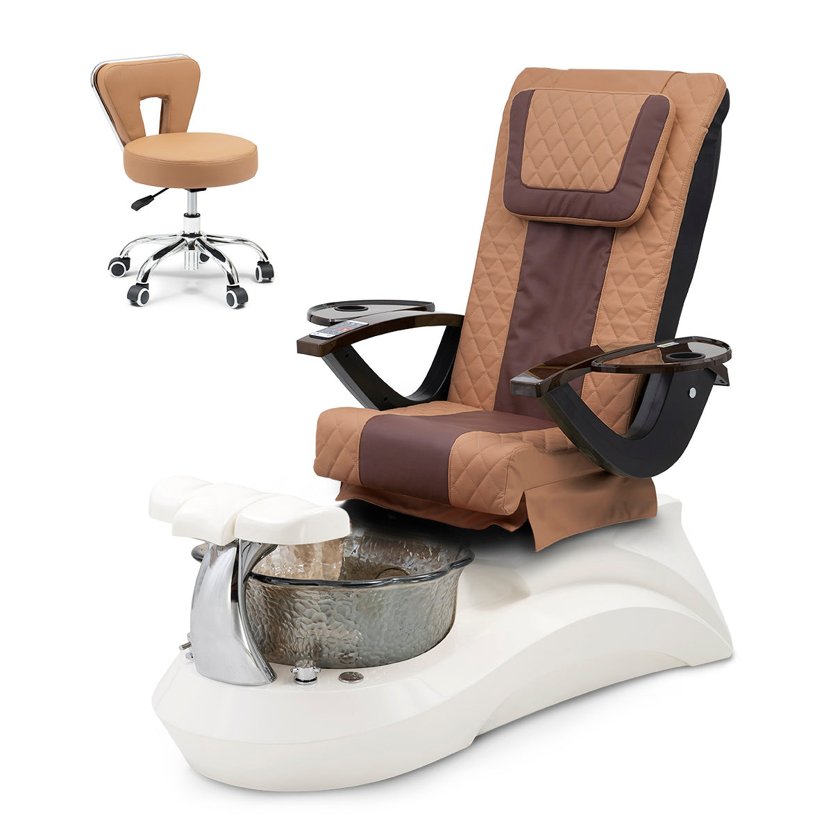 Falcon Pedicure Spa Chair Complete Set with Pedi Stool - White Base - Smoky Bowl - Diamond Leather