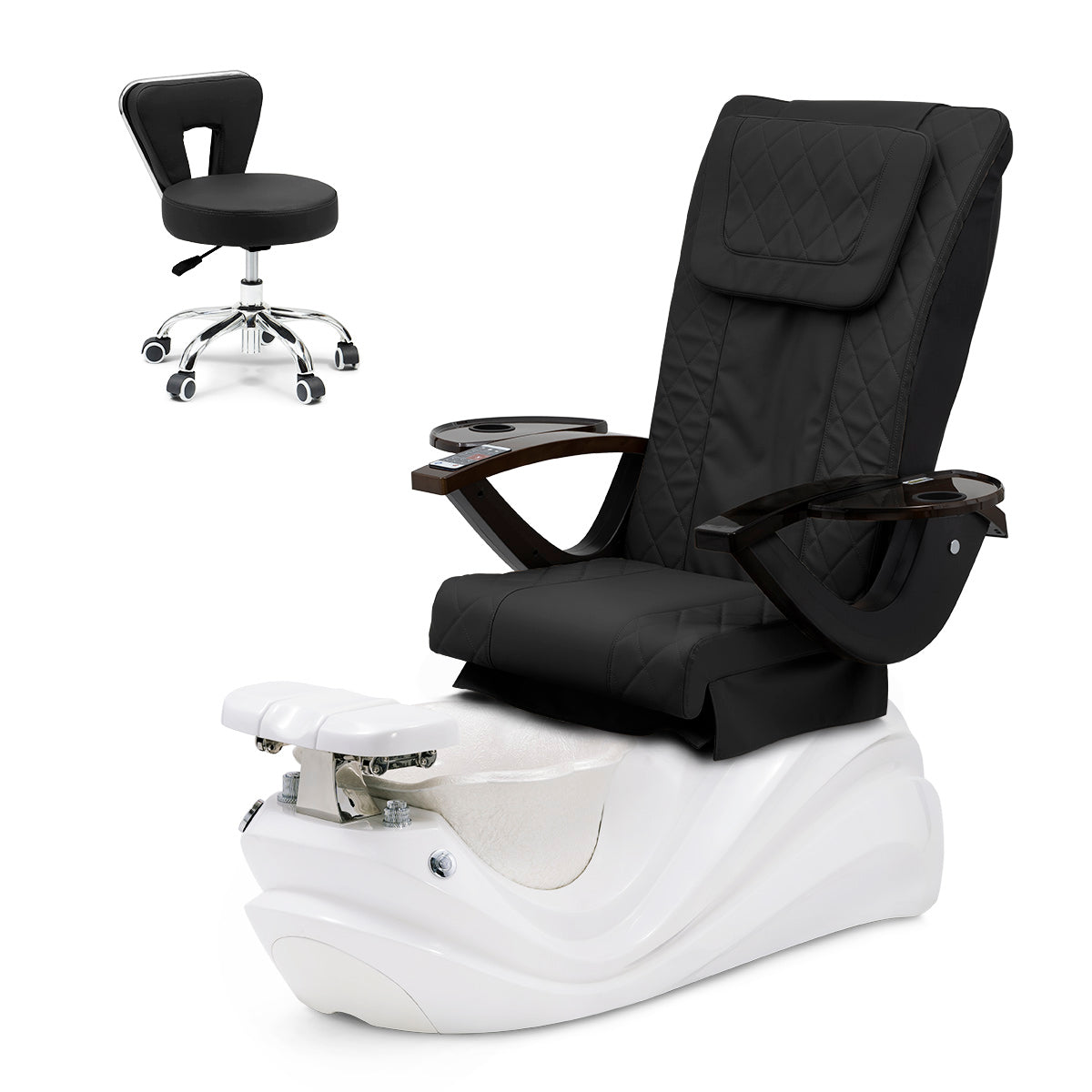 Lotus Pedicure Spa Chair Complete Set with Pedi Stool - White Base - Pearl White Resin Bowl - Diamond Leather