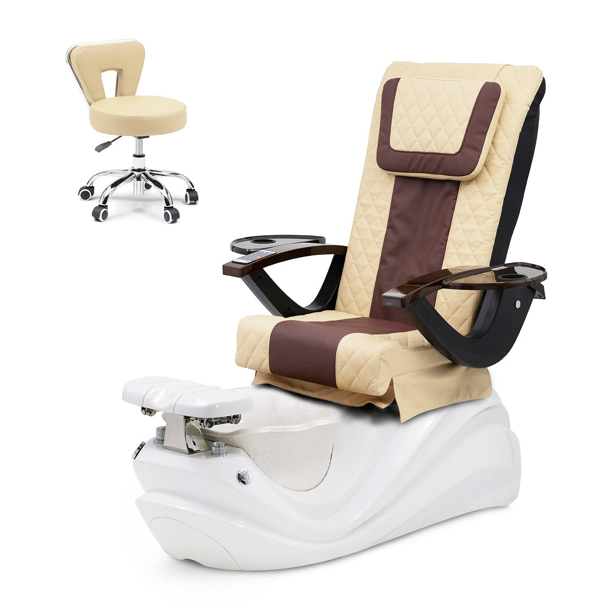 Lotus Pedicure Spa Chair Complete Set with Pedi Stool - White Base - Pearl White Resin Bowl - Diamond Leather