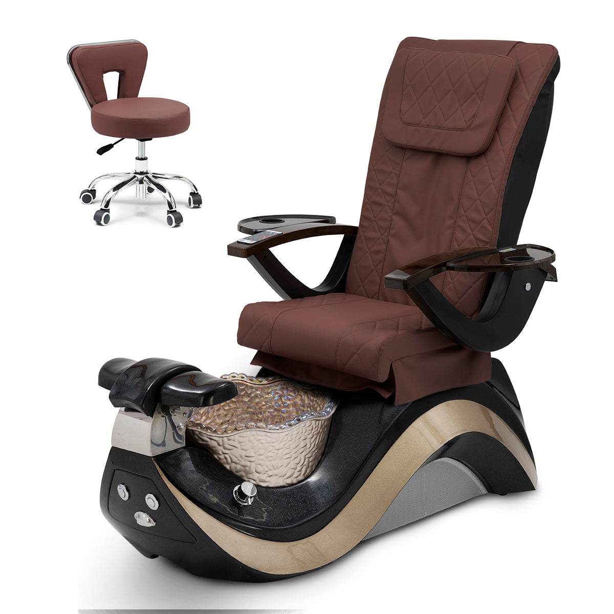 Robin Pedicure Spa Chair Complete Set with Pedi Stool - Black Base - Gold Bowl - Diamond Leather