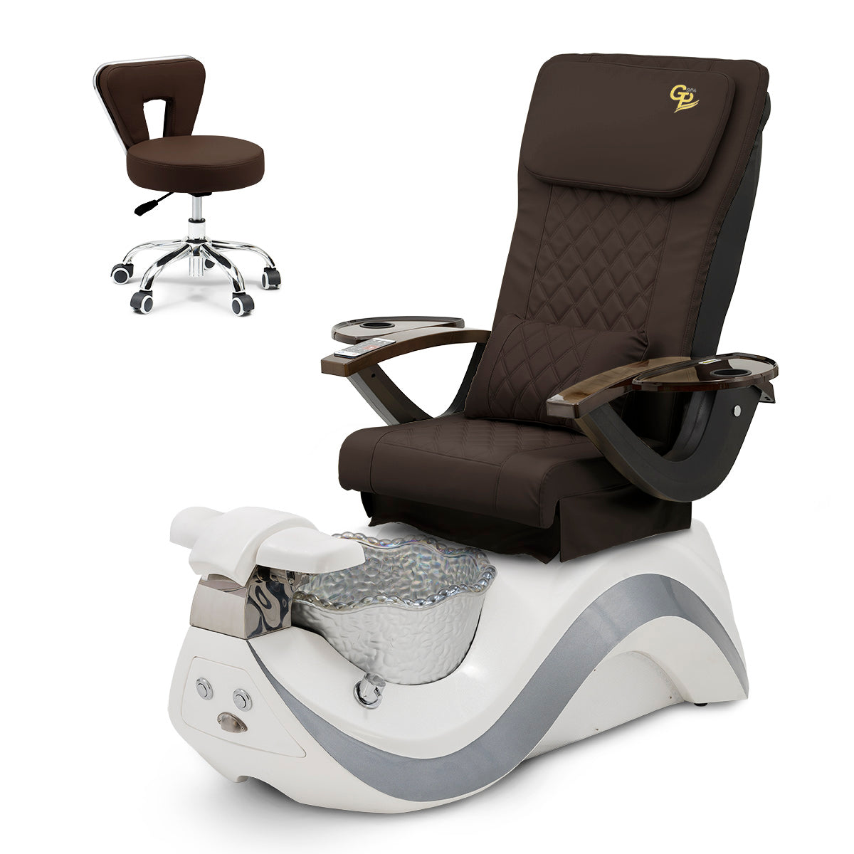 Robin Pedicure Spa Chair Complete Set with Pedi Stool - White Base - Silver Bowl - C01 Leather