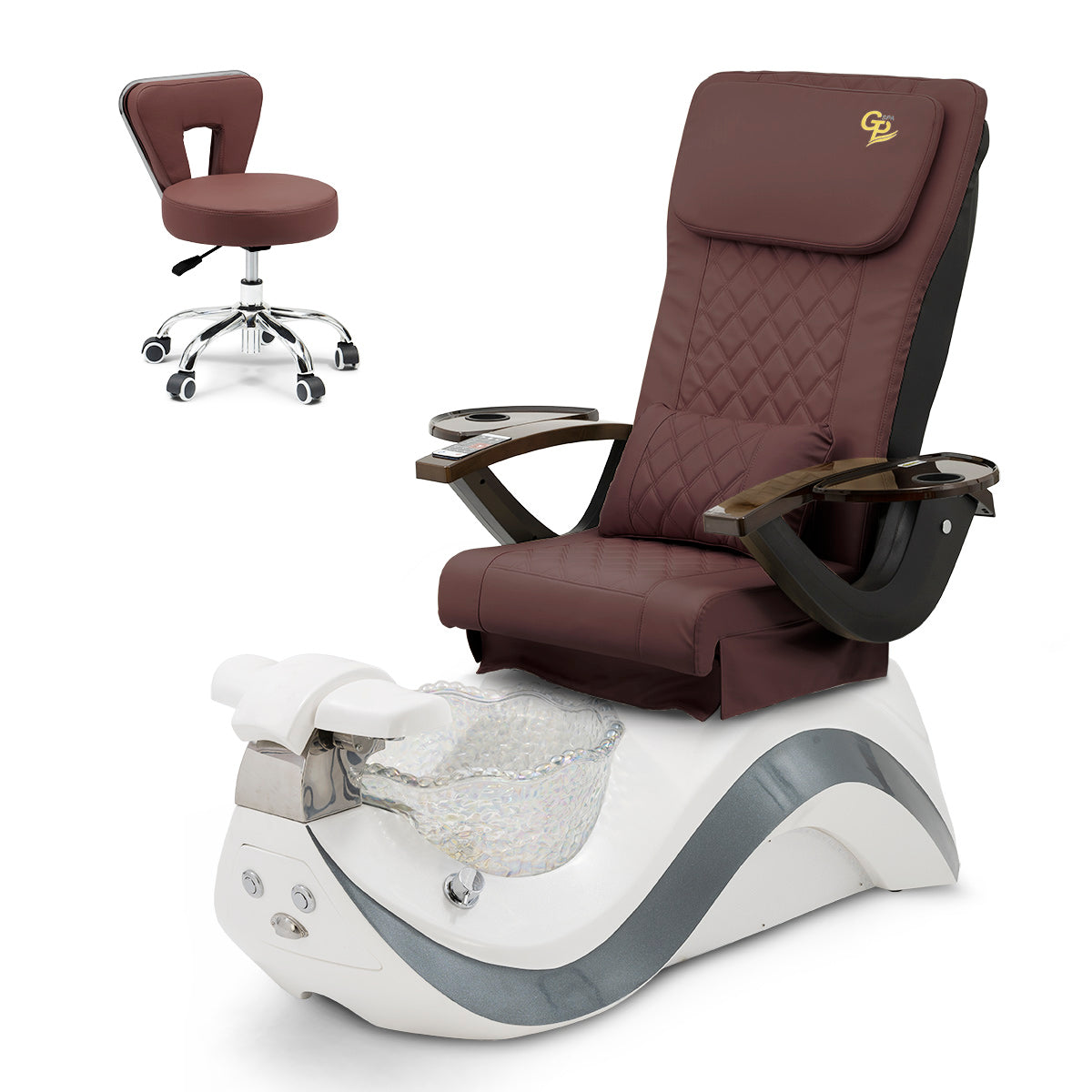 Robin Pedicure Spa Chair Complete Set with Pedi Stool - White Gray Base - Clear Bowl - C01 Leather