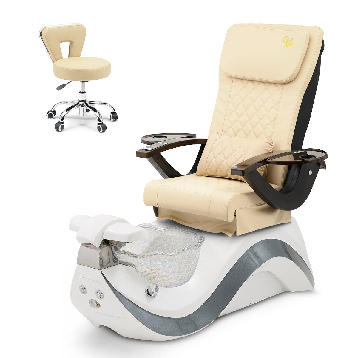 Robin Pedicure Spa Chair Complete Set with Pedi Stool - White Gray Base - Clear Bowl - C01 Leather