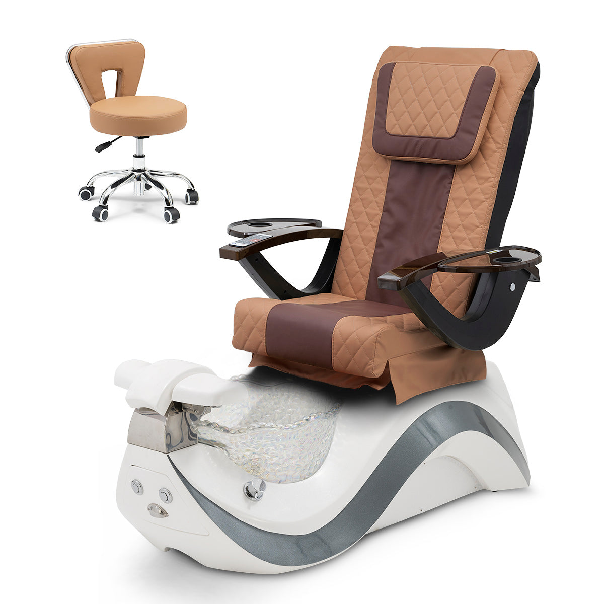 Robin Pedicure Spa Chair Complete Set with Pedi Stool - White Gray Base - Clear Bowl - Diamond Leather