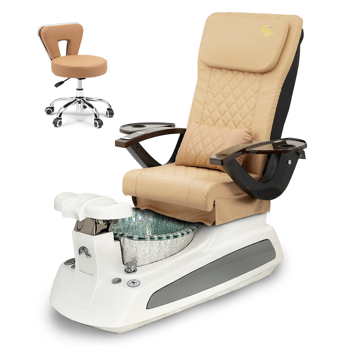 BM21 Pedicure Spa Chair Complete Set with Pedi Stool - White Base - Silver Bowl - C01 Leather