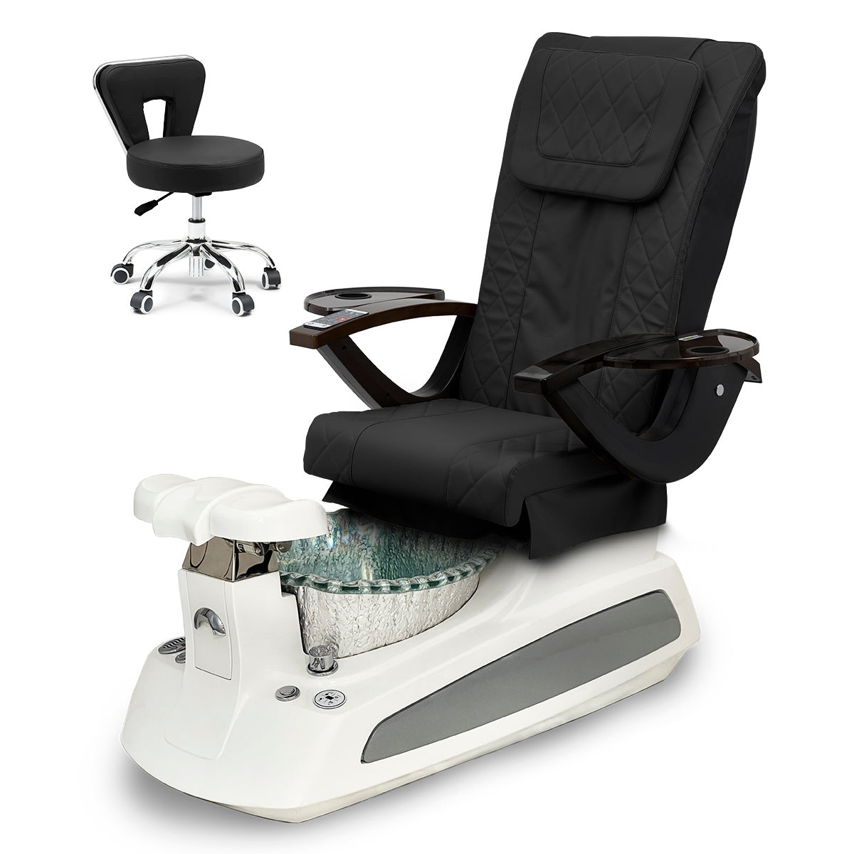 BM21 Pedicure Spa Chair Complete Set with Pedi Stool - White Base - Silver Bowl - Diamond Leather