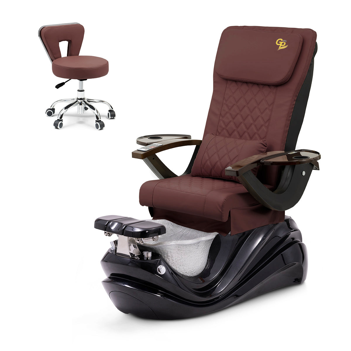 Lotus Pedicure Spa Chair Complete Set with Pedi Stool - Black Base - Silver Resin Bowl - C01 Leather