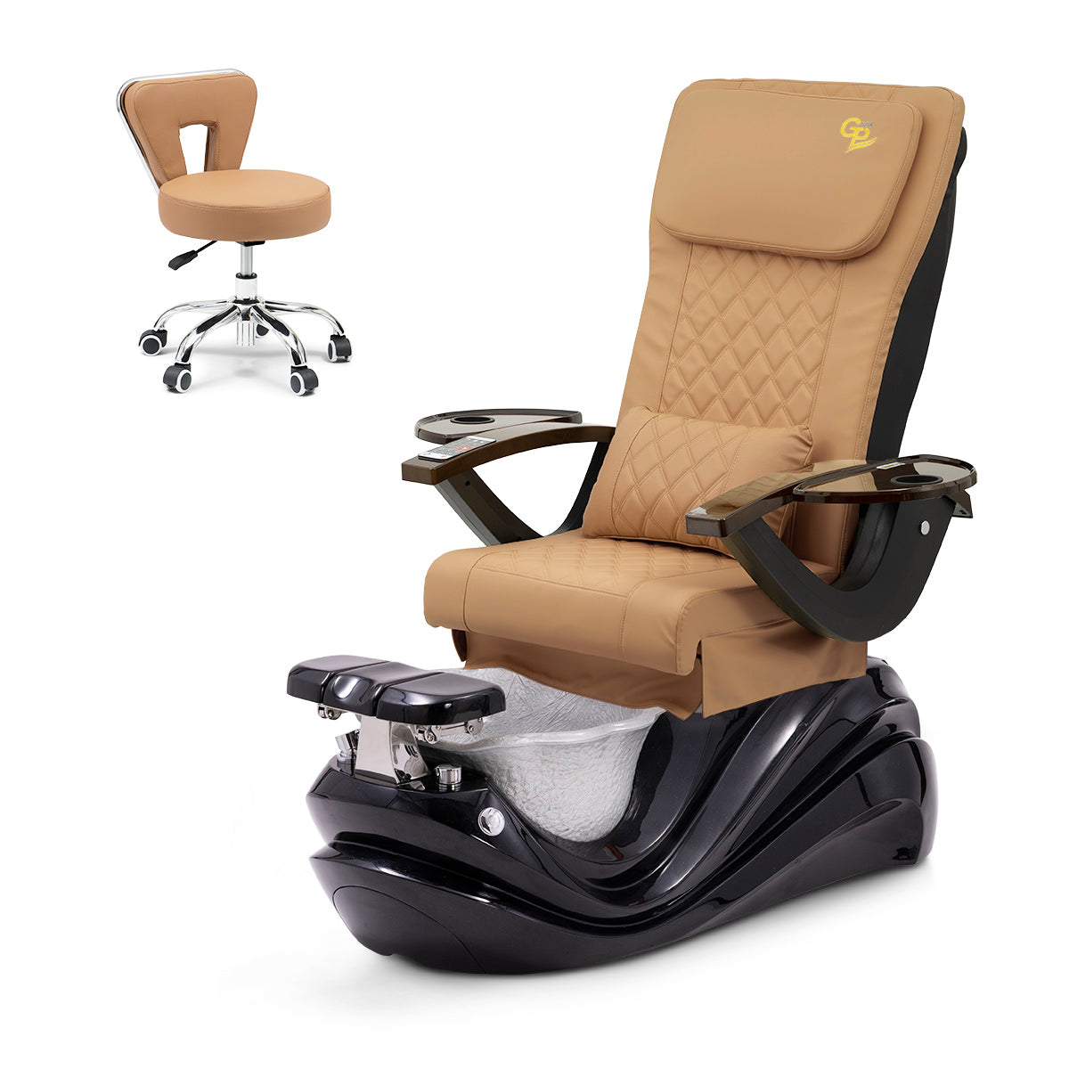 Lotus Pedicure Spa Chair Complete Set with Pedi Stool - Black Base - Silver Resin Bowl - C01 Leather