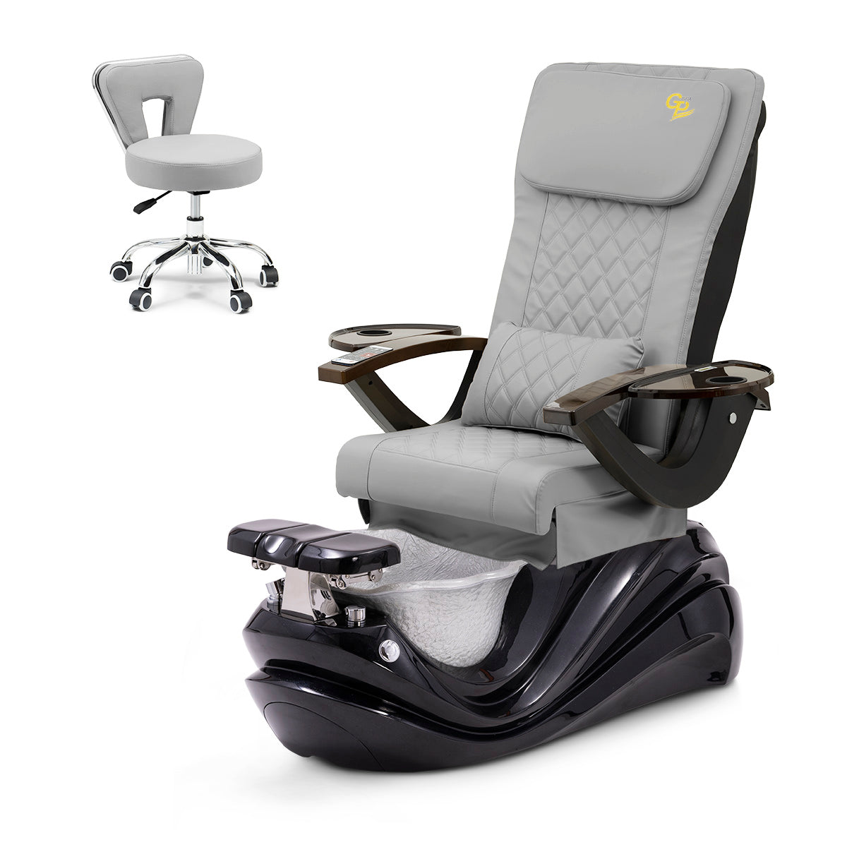 Lotus Pedicure Spa Chair Complete Set with Pedi Stool - Black Base - Silver Resin Bowl - C01 Leather