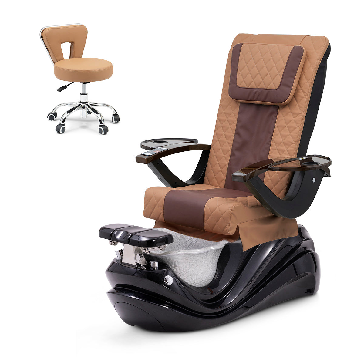 Lotus Pedicure Spa Chair Complete Set with Pedi Stool - Black Base - Silver Resin Bowl - Diamond Leather