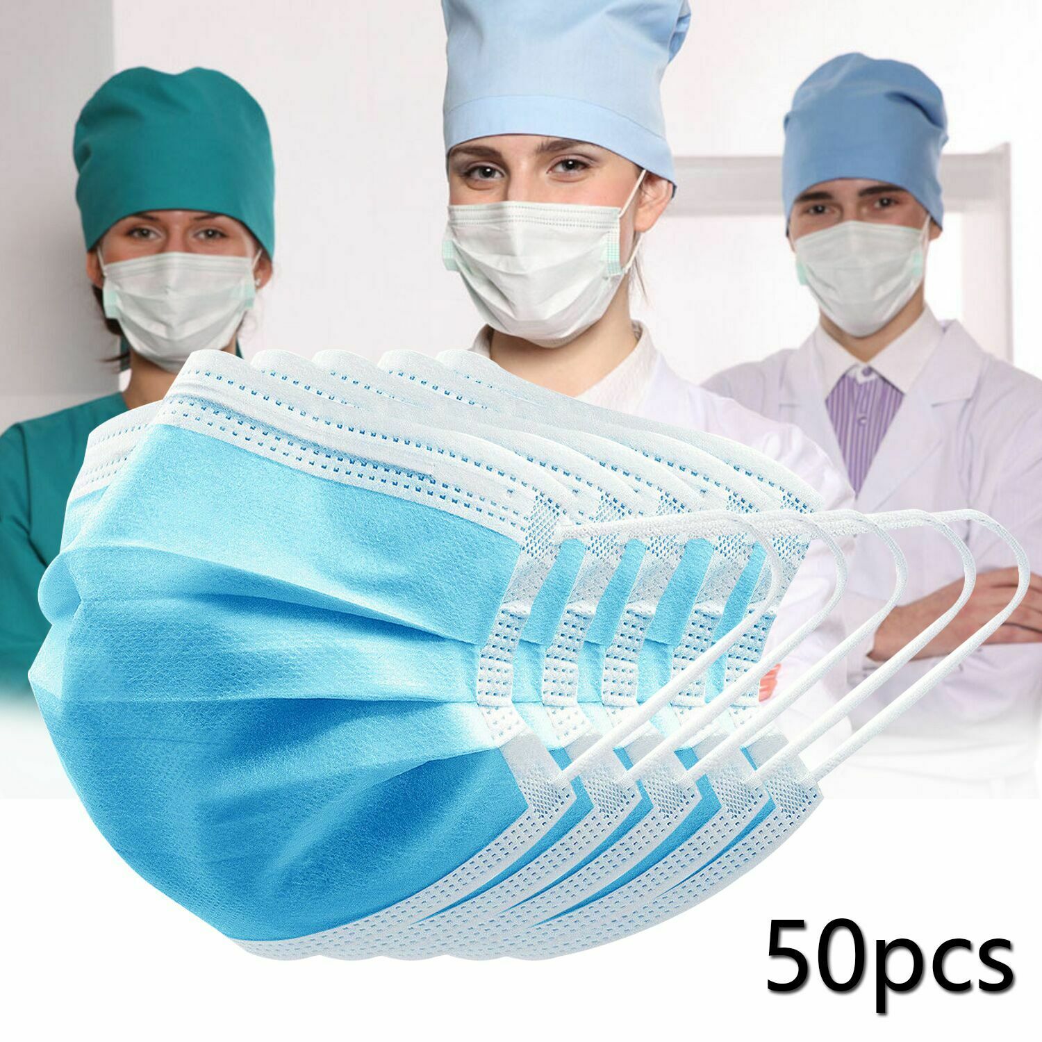 50 Pcs Non-Woven Face Mask Blue Disposable 3 Ply